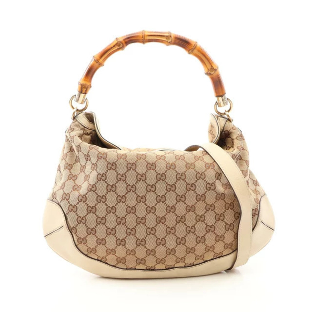 Gucci Bamboo GG Canvas Handbag Leather Beige Cream Ivory White